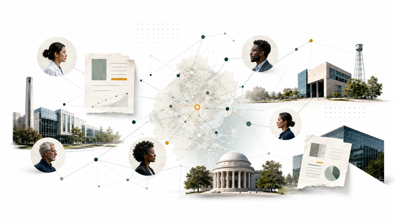 A documentary collage connecting Triangle people, institutions, maps, and evidence