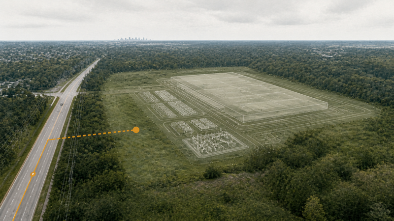 Editorial illustration of an unbuilt southeast Raleigh data-center site after an applicant withdrew its annexation request, leaving the project’s fate unclear.