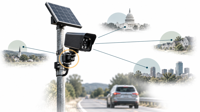 Editorial illustration of a roadside license-plate camera and civic settings representing the national debate over camera use.