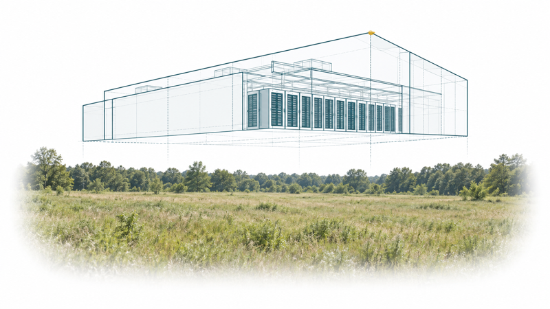 Editorial illustration of the proposed Chatham County data center, using a hypothetical schematic above generic undeveloped land.