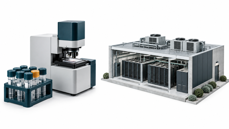 Editorial composite of laboratory samples and a hypothetical data center, representing separate Chapel Hill research and Raleigh policy stories.