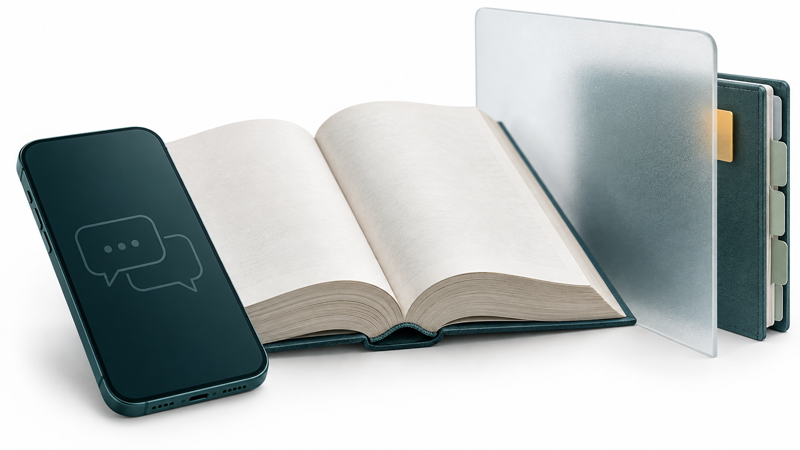 Editorial illustration of a phone and open law book beside a training binder partly obscured by frosted glass.