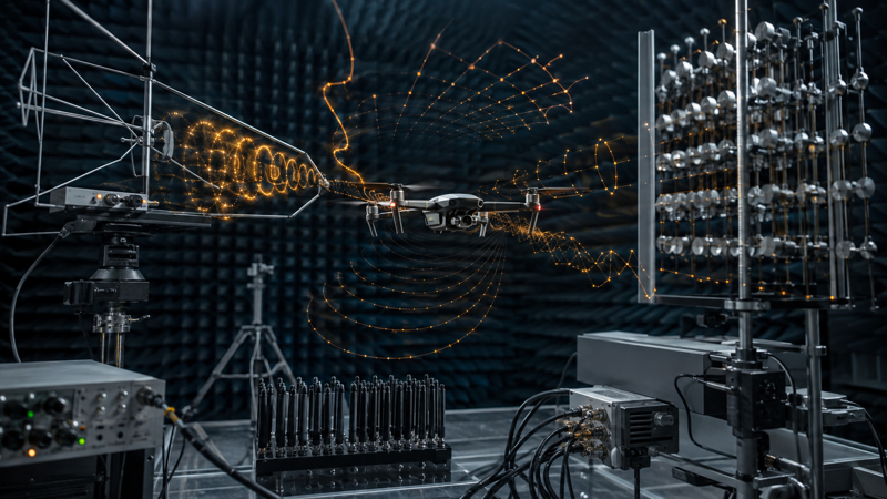 Editorial illustration of a drone in a test lab with amber signal traces representing proposed cyber-electromagnetic countermeasures.
