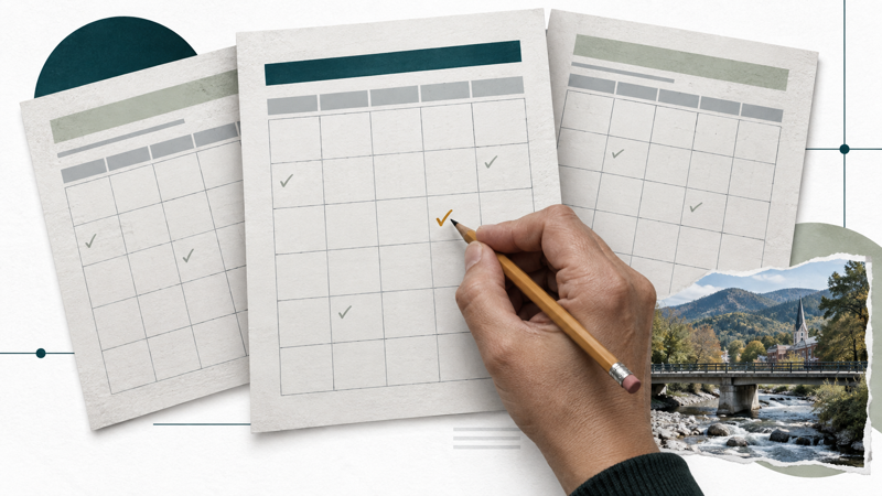 Editorial illustration of a hand checking abstract loan repayment schedules beside a generic mountain-town scene.