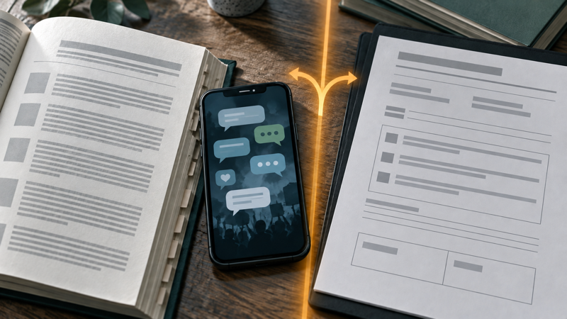 Editorial illustration of an online speech post between an abstract statute book and an unsigned judicial charging form.