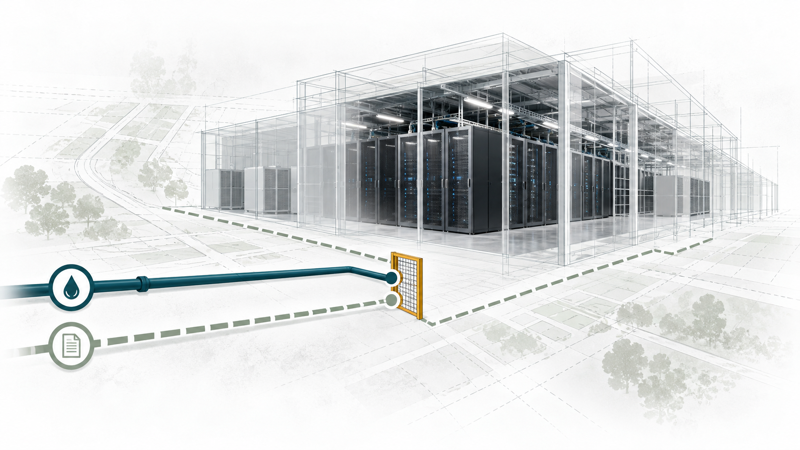 Editorial illustration of a schematic data center with water and approval lines representing Raleigh’s proposed moratorium.