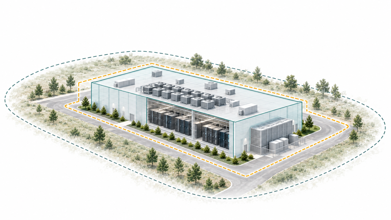 Editorial illustration of a hypothetical data-center building and site, unrelated to any identified Raleigh project or regulatory boundary.