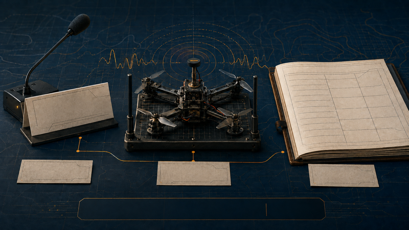 Editorial illustration of a policy microphone, counter-drone test rig and public-grant ledger connected by evidence lines.