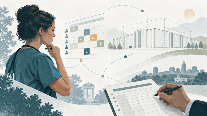 Editorial illustration combining a nurse’s shift schedule, a schematic data center and a loan ledger.