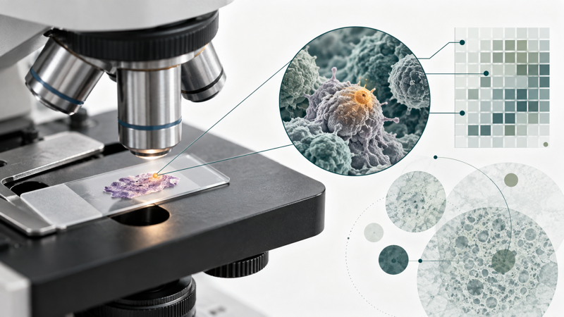 Editorial illustration linking tissue samples and conceptual cell imagery with data for planned cancer-vaccine research.