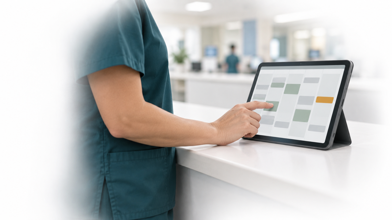 Editorial illustration of a nurse reviewing an abstract shift schedule, representing the rules governing extra-shift assignments.