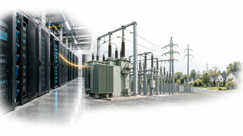 Editorial illustration of hypothetical data-center racks, electricity infrastructure and nearby homes.