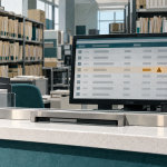 Editorial illustration of a courthouse service counter and a digital case-record screen with a highlighted row.