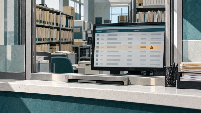 Editorial illustration of a courthouse service counter and a digital case-record screen with a highlighted row.