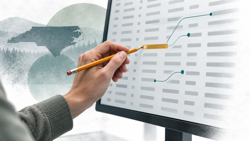 Editorial illustration of human review of flagged financial transactions, representing the North Carolina Auditor’s described AI workflow.