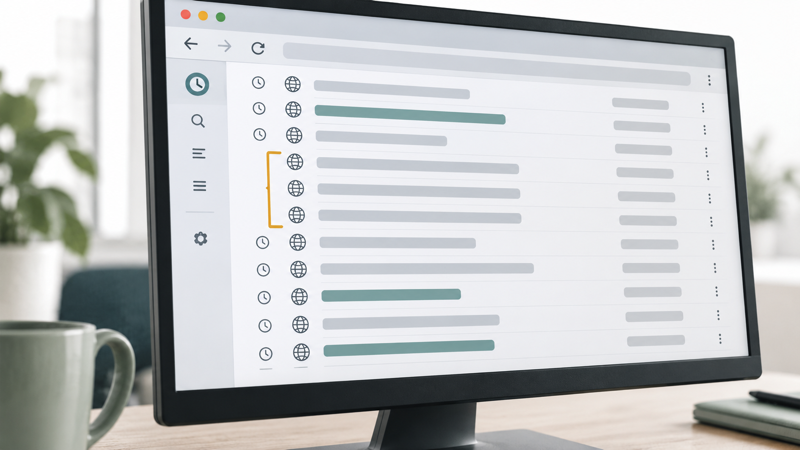 Editorial illustration of a computer displaying schematic browser-history entries, representing disputed workplace evidence.