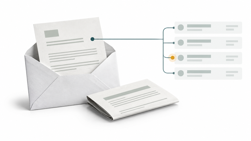Illustrative collage connecting government data records to a mailed citizenship-verification letter.
