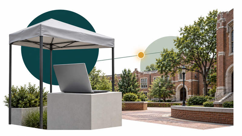 Illustrative collage of a laptop demonstration canopy connected to a university courtyard.