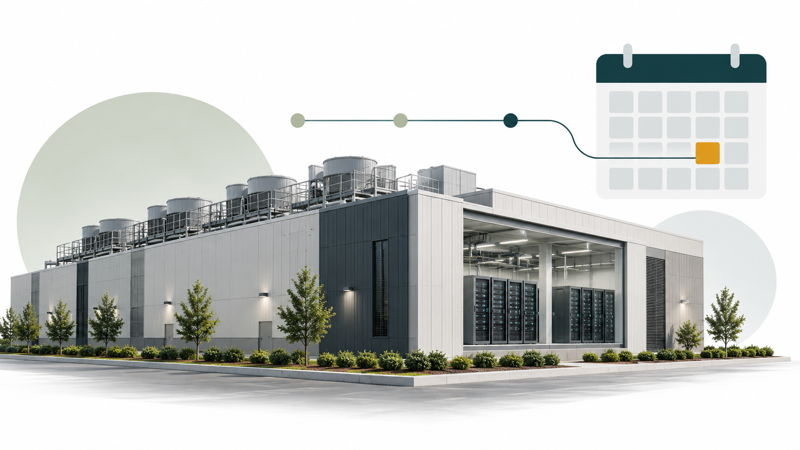 Editorial illustration of a hypothetical data-center facility beside a schematic public-review calendar.
