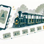 Editorial illustration of a digital holiday ticket beside a miniature park train with limited seats.