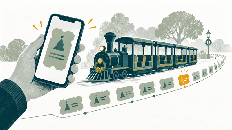 Editorial illustration of a digital holiday ticket beside a miniature park train with limited seats.