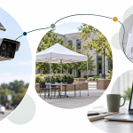 Editorial collage of a license-plate camera, campus demonstration space, record letter and safety email.