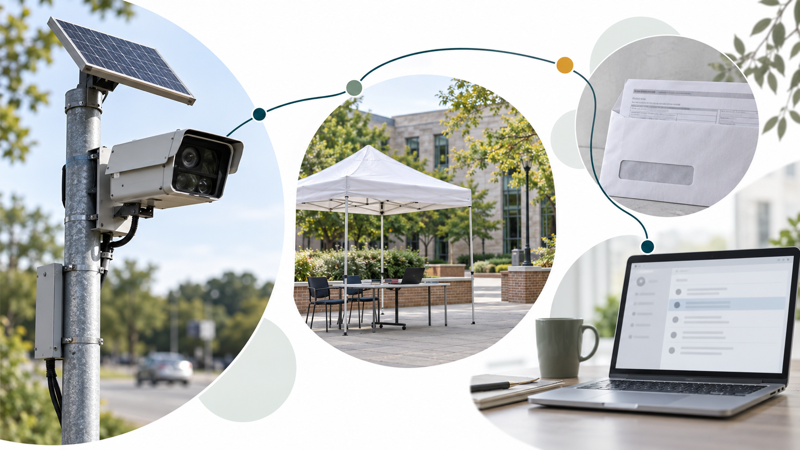 Editorial collage of a license-plate camera, campus demonstration space, record letter and safety email.