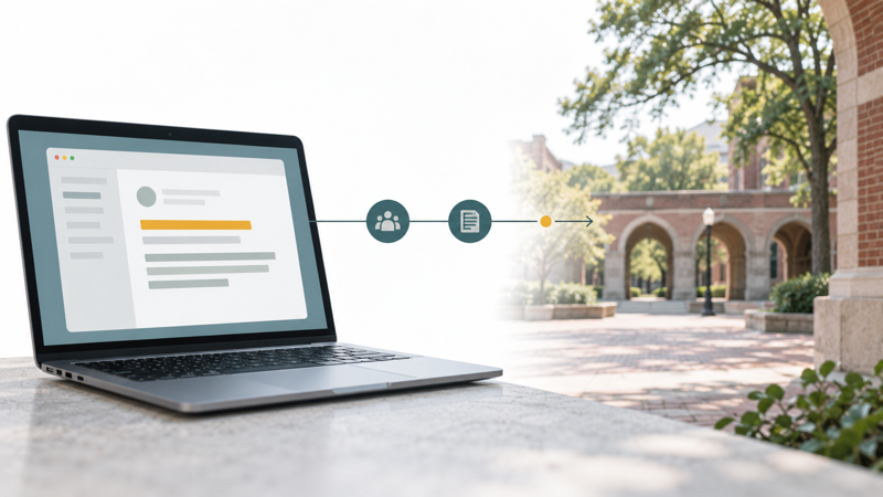 Editorial illustration of a campus safety email undergoing institutional review.