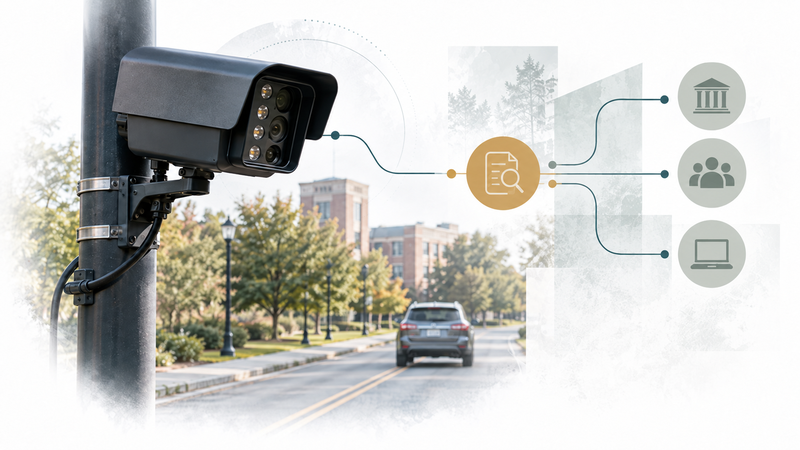 Illustrative collage of a license-plate camera and a review point for outside requests.