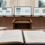 Editorial illustration of three simulated judicial screens facing a student argument lectern and an annotated case file.