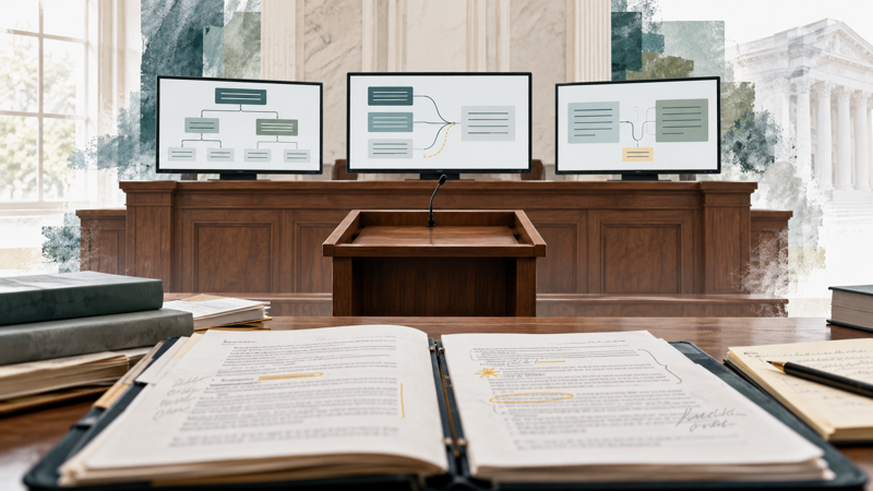 Editorial illustration of three simulated judicial screens facing a student argument lectern and an annotated case file.