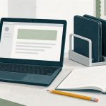 Editorial illustration of a school laptop, charging rack and paper exercise book.