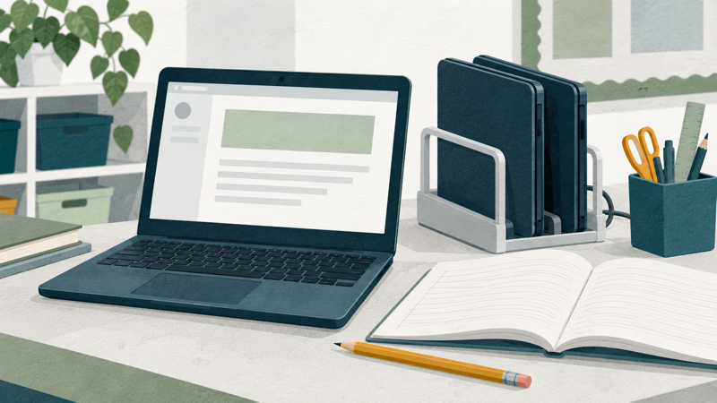Editorial illustration of a school laptop, charging rack and paper exercise book.