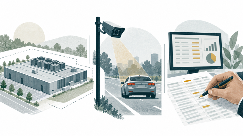 Editorial illustration of a data center, a license-plate camera and human review of financial records.